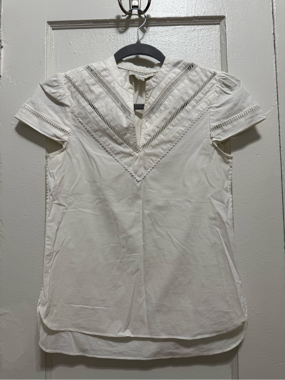 Women's Cream Short Sleeve Eyelet V-Neck Blouse